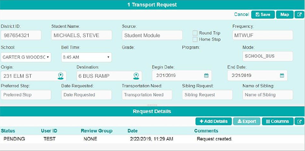 Screenshot: Athena Transportation Request