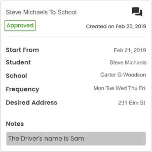 Screenshot: Parent Portal Transportation Request